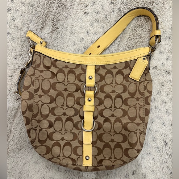 Coach Handbags - Coach Khaki Brown Yellow Signature Jacquard Leather Crossbody Bag